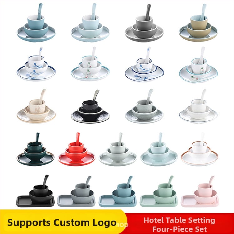 Melamiinist neljaosaline lauanõude komplekt: kauss, kaks taldrikut ja lusikas; ümmargune kuju, ühtlane värvi disain; sobib hotellidele, hot pot ja grillrestoranidele; logoga trükitud