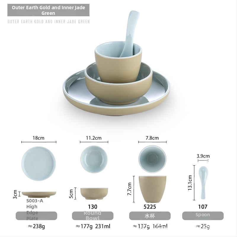 Melamiinist neljaosaline lauanõude komplekt: kauss, kaks taldrikut ja lusikas; ümmargune kuju, ühtlane värvi disain; sobib hotellidele, hot pot ja grillrestoranidele; logoga trükitud