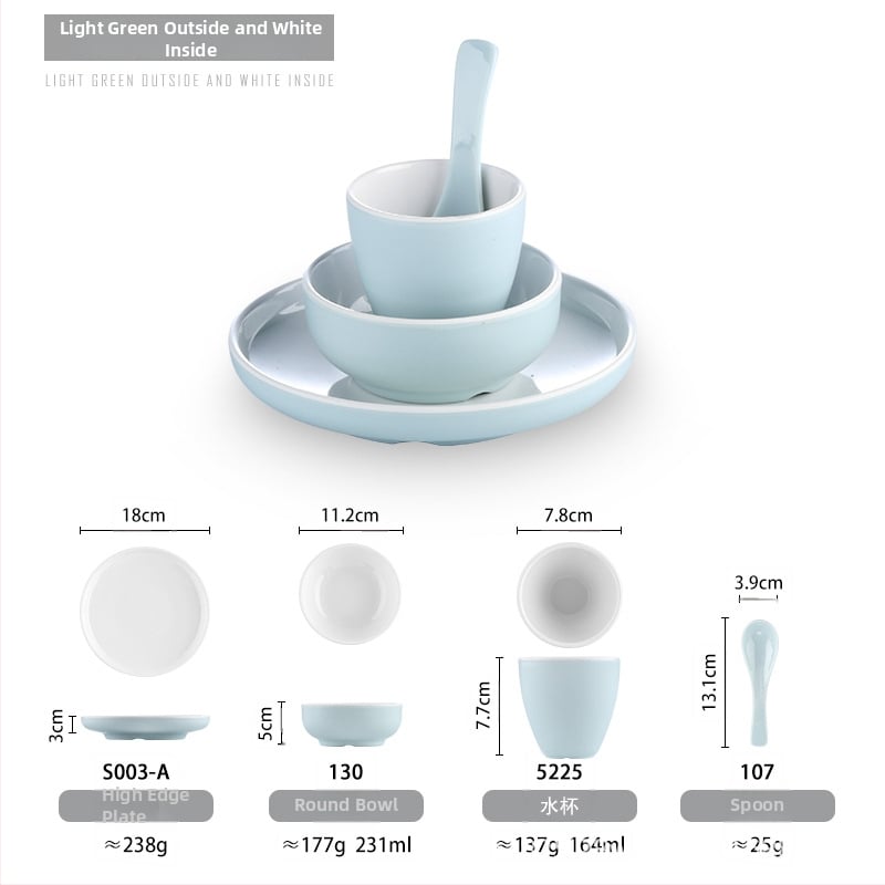 Melamiinist neljaosaline lauanõude komplekt: kauss, kaks taldrikut ja lusikas; ümmargune kuju, ühtlane värvi disain; sobib hotellidele, hot pot ja grillrestoranidele; logoga trükitud