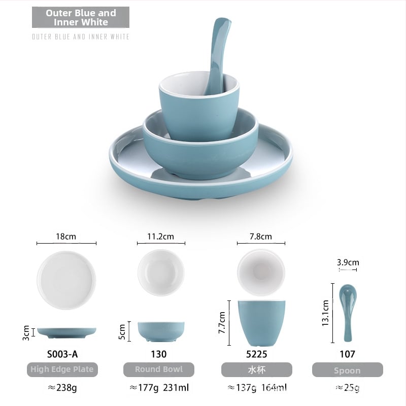 Melamiinist neljaosaline lauanõude komplekt: kauss, kaks taldrikut ja lusikas; ümmargune kuju, ühtlane värvi disain; sobib hotellidele, hot pot ja grillrestoranidele; logoga trükitud