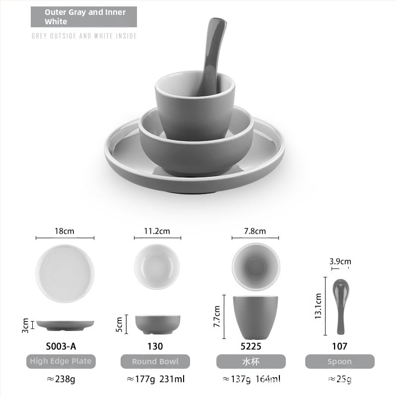 Melamiinist neljaosaline lauanõude komplekt: kauss, kaks taldrikut ja lusikas; ümmargune kuju, ühtlane värvi disain; sobib hotellidele, hot pot ja grillrestoranidele; logoga trükitud
