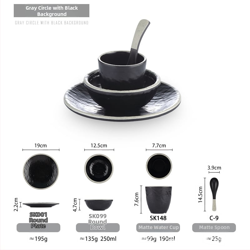 Melamiinist neljaosaline lauanõude komplekt: kauss, kaks taldrikut ja lusikas; ümmargune kuju, ühtlane värvi disain; sobib hotellidele, hot pot ja grillrestoranidele; logoga trükitud