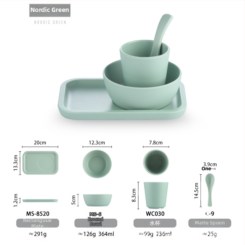 Melamiinist neljaosaline lauanõude komplekt: kauss, kaks taldrikut ja lusikas; ümmargune kuju, ühtlane värvi disain; sobib hotellidele, hot pot ja grillrestoranidele; logoga trükitud