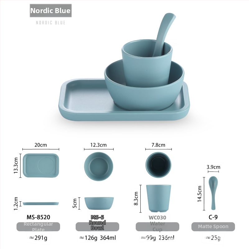 Melamiinist neljaosaline lauanõude komplekt: kauss, kaks taldrikut ja lusikas; ümmargune kuju, ühtlane värvi disain; sobib hotellidele, hot pot ja grillrestoranidele; logoga trükitud