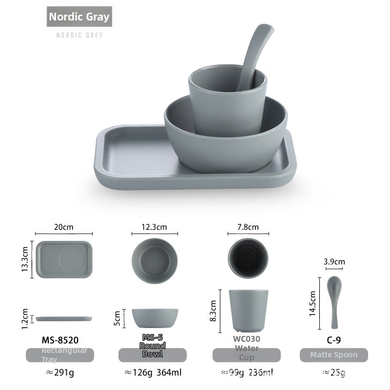 Melamiinist neljaosaline lauanõude komplekt: kauss, kaks taldrikut ja lusikas; ümmargune kuju, ühtlane värvi disain; sobib hotellidele, hot pot ja grillrestoranidele; logoga trükitud