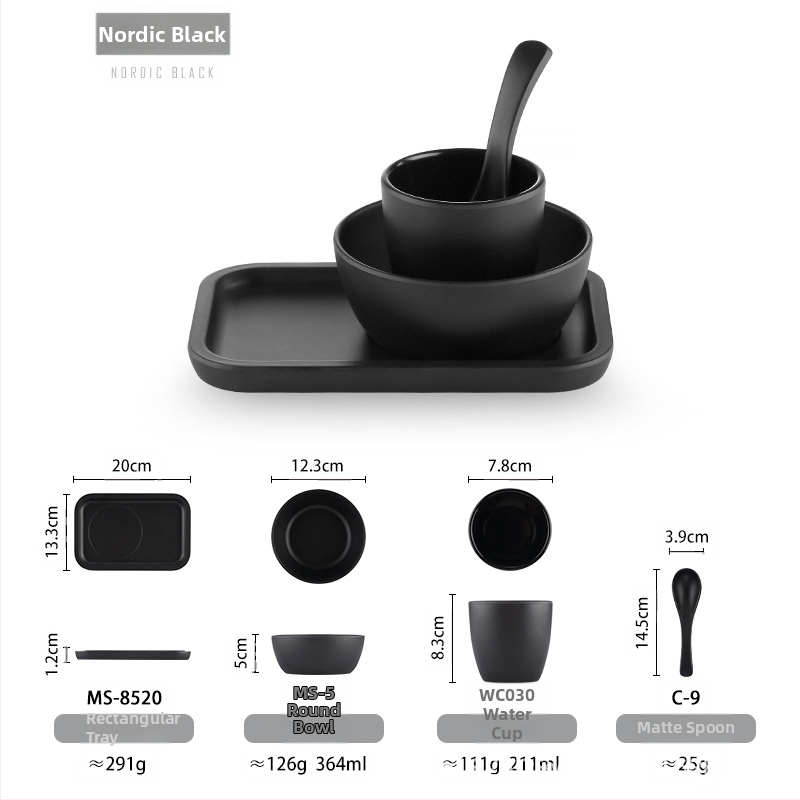 Melamiinist neljaosaline lauanõude komplekt: kauss, kaks taldrikut ja lusikas; ümmargune kuju, ühtlane värvi disain; sobib hotellidele, hot pot ja grillrestoranidele; logoga trükitud