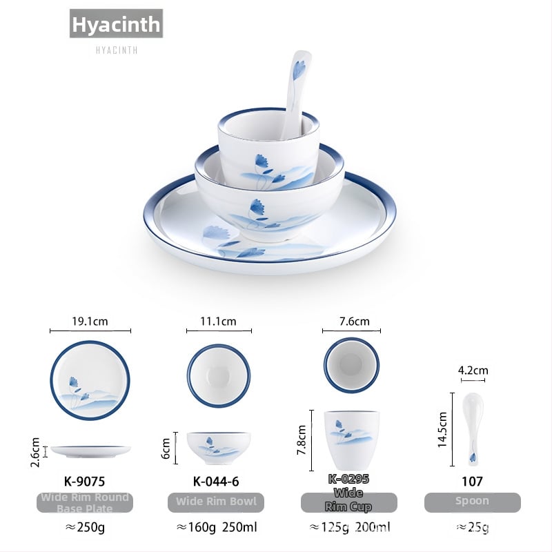 Melamiinist neljaosaline lauanõude komplekt: kauss, kaks taldrikut ja lusikas; ümmargune kuju, ühtlane värvi disain; sobib hotellidele, hot pot ja grillrestoranidele; logoga trükitud