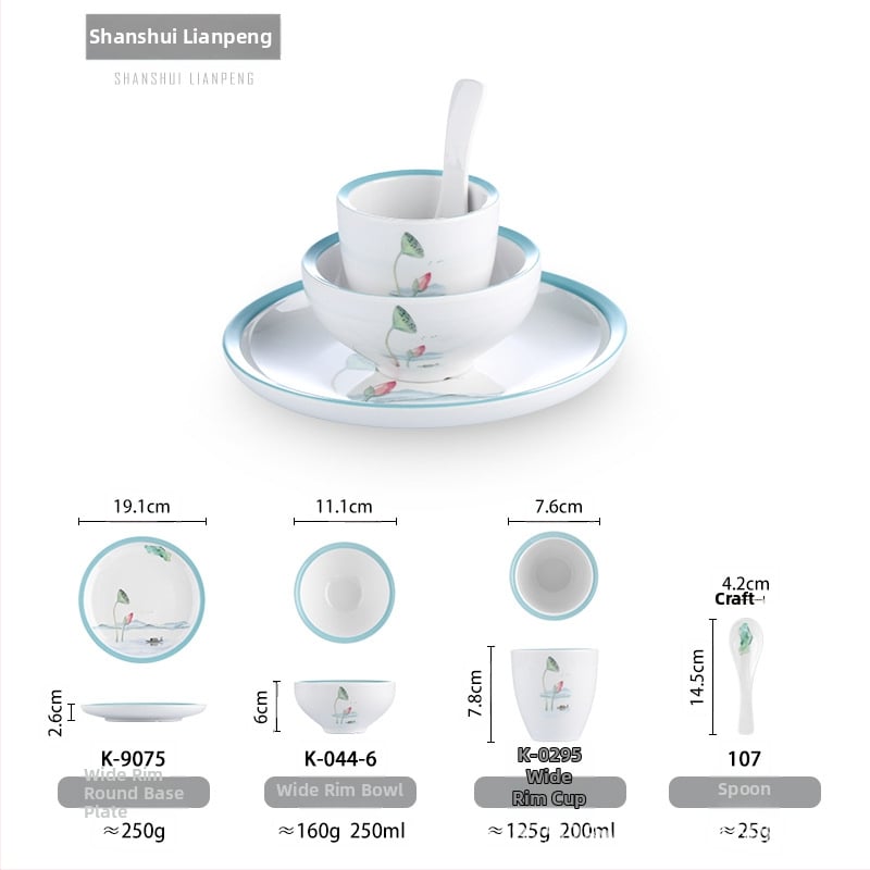 Melamiinist neljaosaline lauanõude komplekt: kauss, kaks taldrikut ja lusikas; ümmargune kuju, ühtlane värvi disain; sobib hotellidele, hot pot ja grillrestoranidele; logoga trükitud