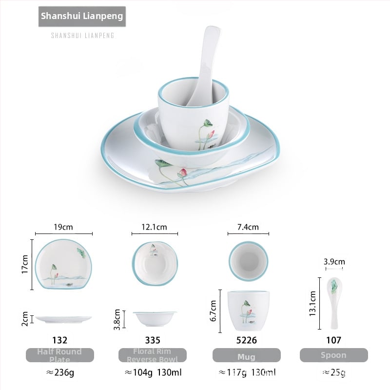 Melamiinist neljaosaline lauanõude komplekt: kauss, kaks taldrikut ja lusikas; ümmargune kuju, ühtlane värvi disain; sobib hotellidele, hot pot ja grillrestoranidele; logoga trükitud