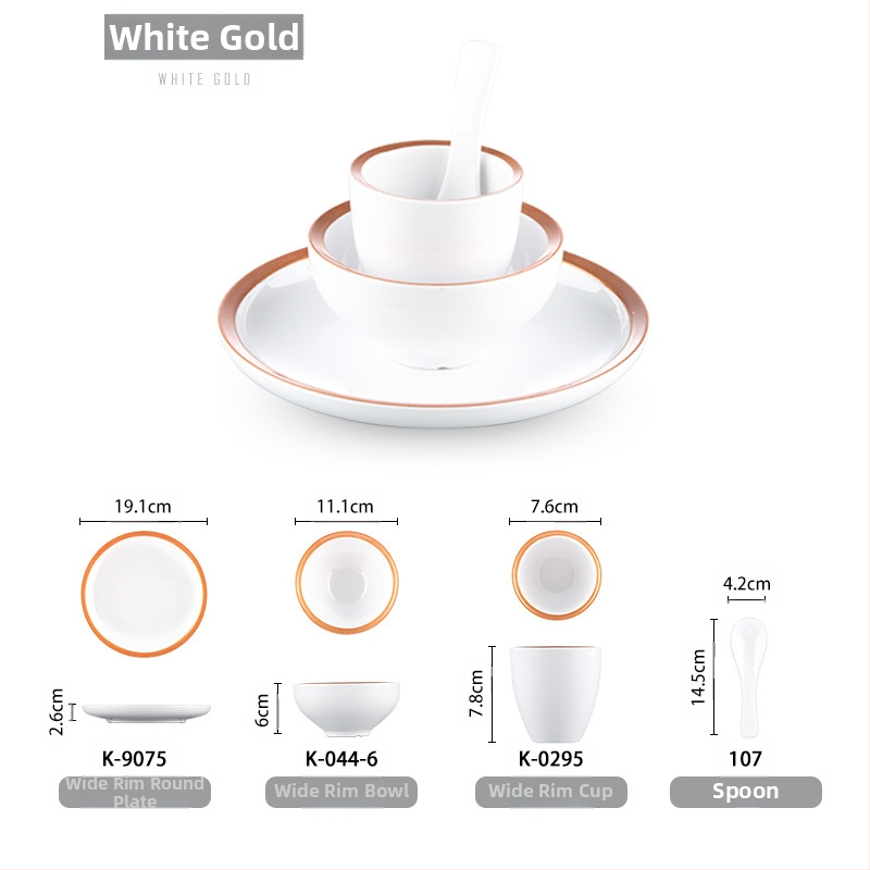 Melamiinist neljaosaline lauanõude komplekt: kauss, kaks taldrikut ja lusikas; ümmargune kuju, ühtlane värvi disain; sobib hotellidele, hot pot ja grillrestoranidele; logoga trükitud