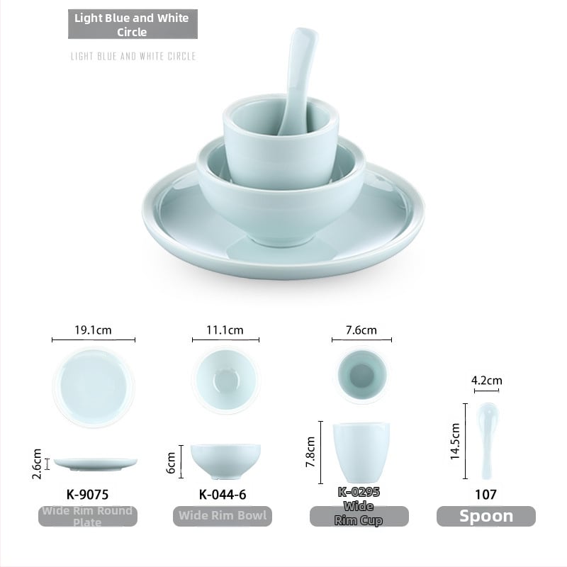 Melamiinist neljaosaline lauanõude komplekt: kauss, kaks taldrikut ja lusikas; ümmargune kuju, ühtlane värvi disain; sobib hotellidele, hot pot ja grillrestoranidele; logoga trükitud