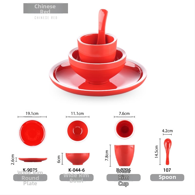 Melamiinist neljaosaline lauanõude komplekt: kauss, kaks taldrikut ja lusikas; ümmargune kuju, ühtlane värvi disain; sobib hotellidele, hot pot ja grillrestoranidele; logoga trükitud