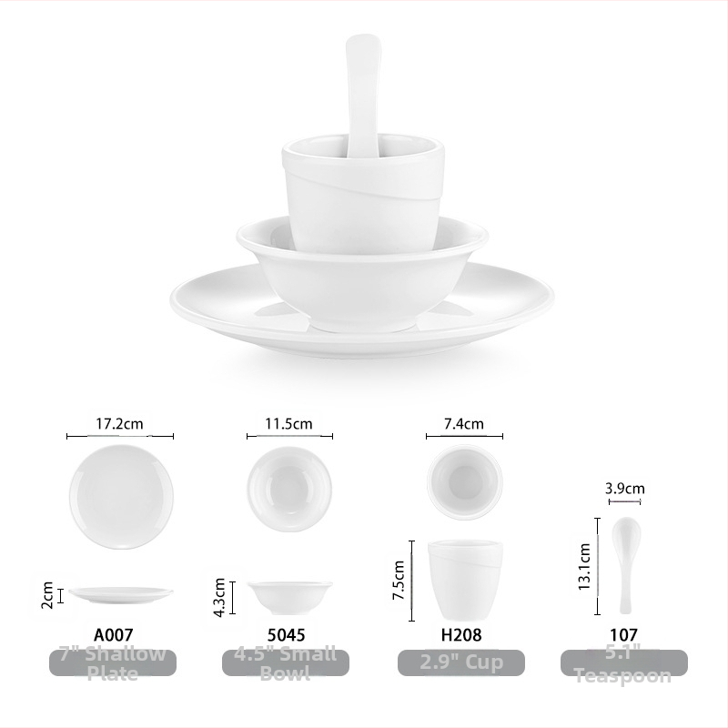 Melamiinist neljaosaline lauanõude komplekt: kauss, kaks taldrikut ja lusikas; ümmargune kuju, ühtlane värvi disain; sobib hotellidele, hot pot ja grillrestoranidele; logoga trükitud