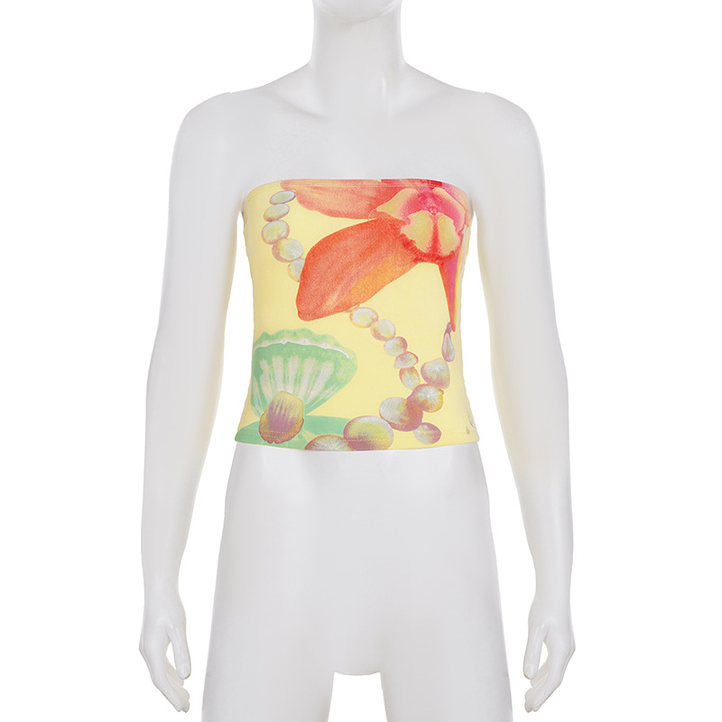 Slim tube top s otisom biserne školjke, bez naramenica, seksi ljetni stil, poliester materijal, kratka duljina 40-50 cm, ljeto 2025