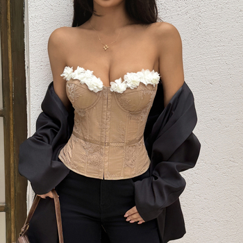 Γοτ θικός τοπ τύπου tube-top χωρίς ιμάντες με φλοράλ κέντημα και δαντέλα, εφαρμογή στενή, κοντό μήκος, πολυεστερικό ύφασμα ≥95% πολυεστέρα