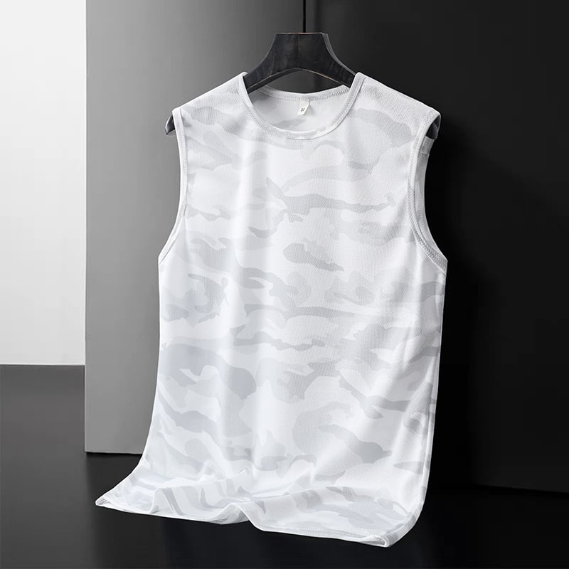 Muški bezrukavni sportski top s kamuflažnim uzorkom, poliester 96%+, tanak materijal, široki kroj, sportski stil