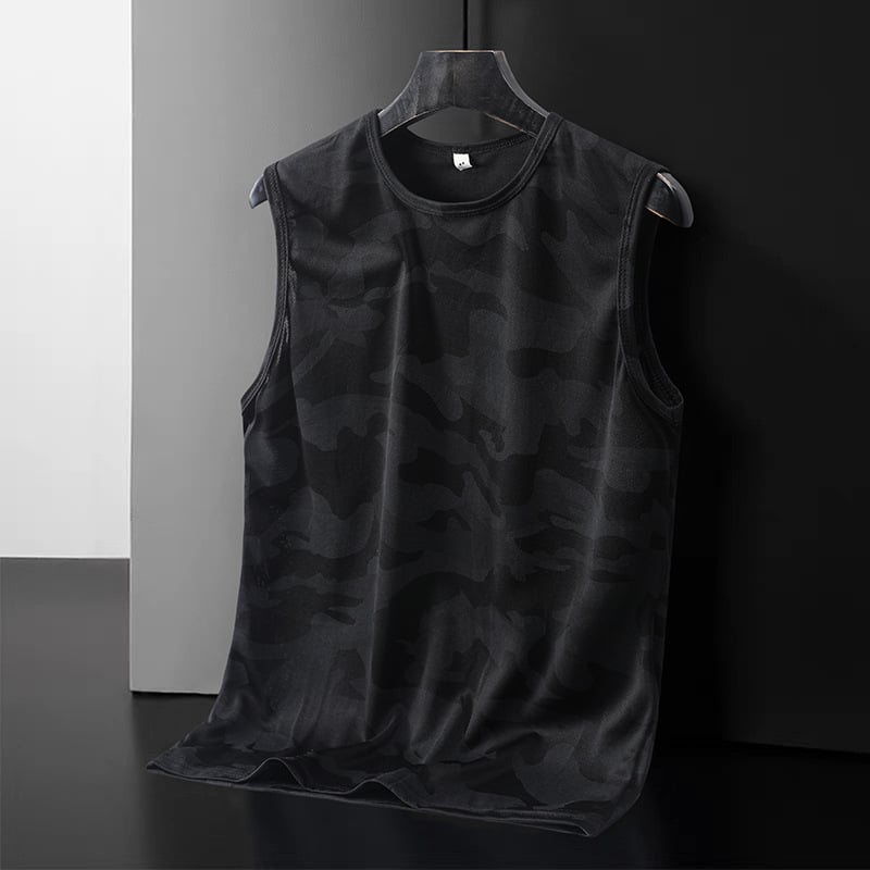 Muški bezrukavni sportski top s kamuflažnim uzorkom, poliester 96%+, tanak materijal, široki kroj, sportski stil