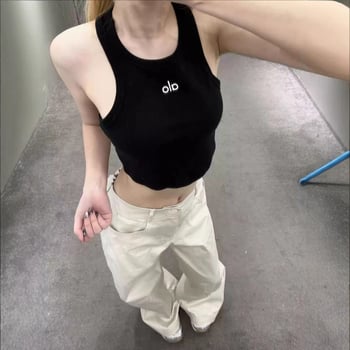 I-oblik bezrukavni top, slim-fit, ultra kratka duljina do 40 cm, pamuk 80–90%, tekstualni uzorak, za žene, casual sportski