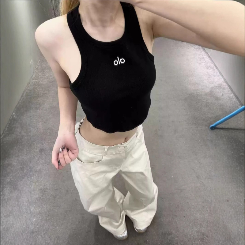 I-oblik bezrukavni top, slim-fit, ultra kratka duljina do 40 cm, pamuk 80–90%, tekstualni uzorak, za žene, casual sportski