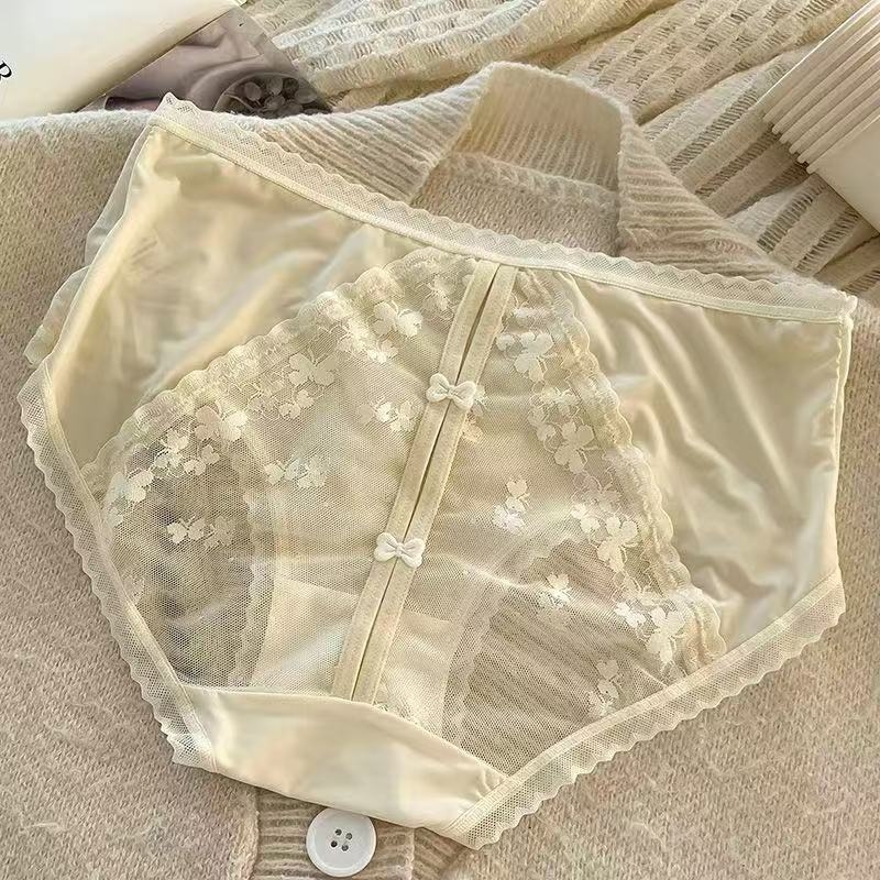 Ženske čipkaste gaćice s podstavom od mulberry svile, srednji pojas, prozračne, antibakterijske, brzo sušeće