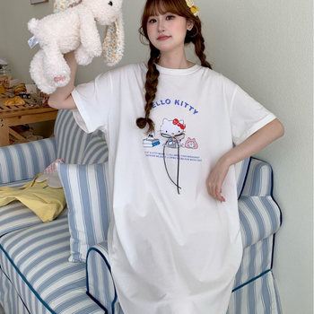 Pamučna noćna haljina, okrugli ovratnik, kratkih rukava, srednja duljina, prozračna