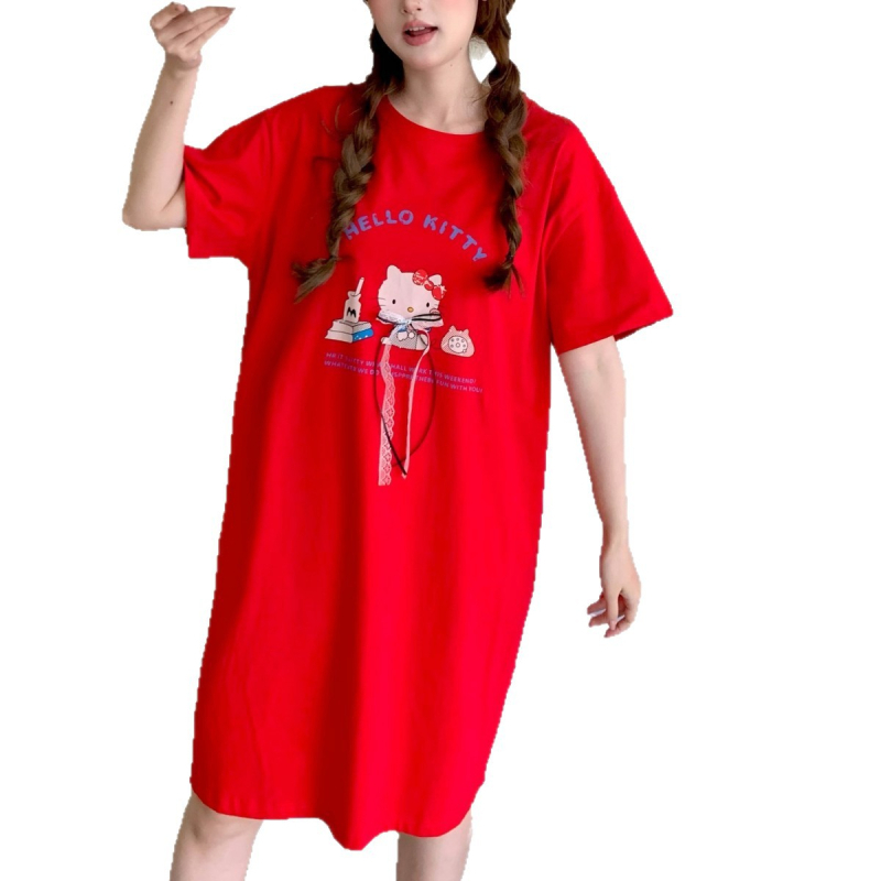 Pamučna noćna haljina, okrugli ovratnik, kratkih rukava, srednja duljina, prozračna