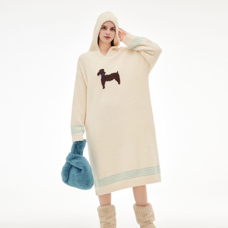 Ženska noćna haljina od polu-velura, duga, opušten kroj, duge rukave, 100% poliester, ženski stil, jesen zima