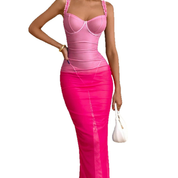 Mrežasta noćna haljina, prozirna, V-izrez, bez rukava, duga