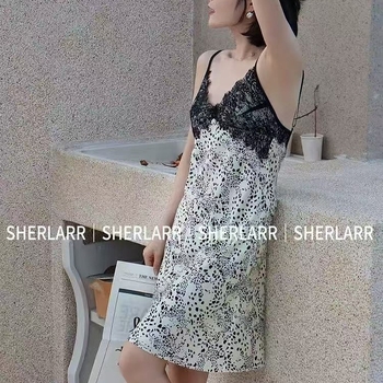 Noćna haljina Ice Silk, s trakama, Vizrezom, bez rukava, kratka duljina