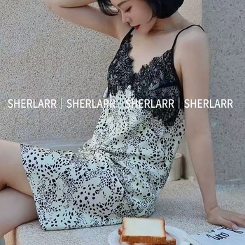 Noćna haljina Ice Silk, s trakama, Vizrezom, bez rukava, kratka duljina