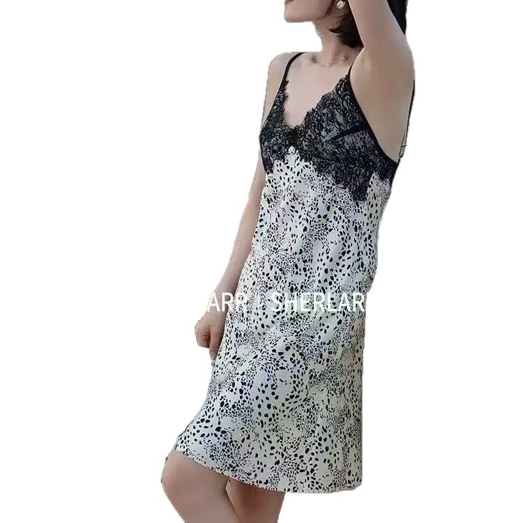 Noćna haljina Ice Silk, s trakama, Vizrezom, bez rukava, kratka duljina