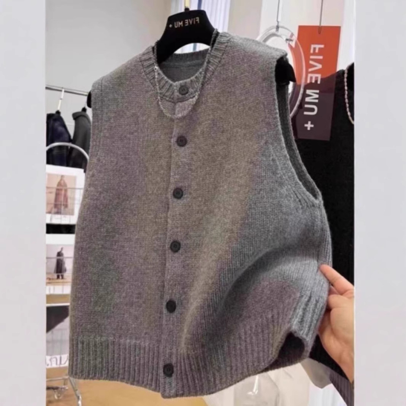 Ženski pleteni prsluk, okrugli ovratnik, jednobojni, akrilna vlakna, poliester 30–50%
