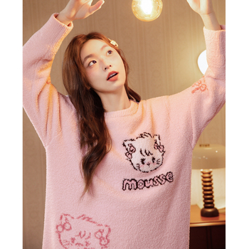 Ženska noćna haljina od poluveleura, pulover stil, okrugli ovratnik, dugi rukavi, duga suknja