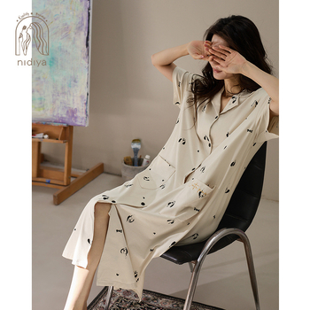 Rochie de noapte pentru femei, bumbac, mâneci 3/4, guler pliabil, lungă, respirabilă și confortabilă