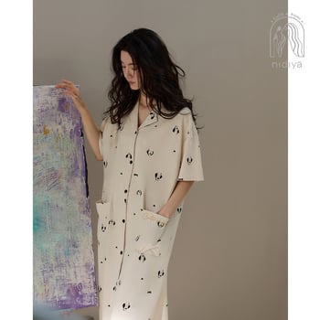 Rochie de noapte pentru femei, bumbac, mâneci 3/4, guler pliabil, lungă, respirabilă și confortabilă