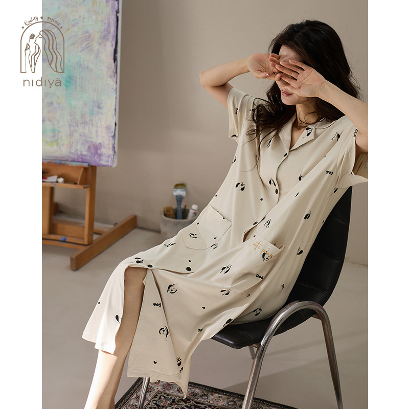 Rochie de noapte pentru femei, bumbac, mâneci 3/4, guler pliabil, lungă, respirabilă și confortabilă