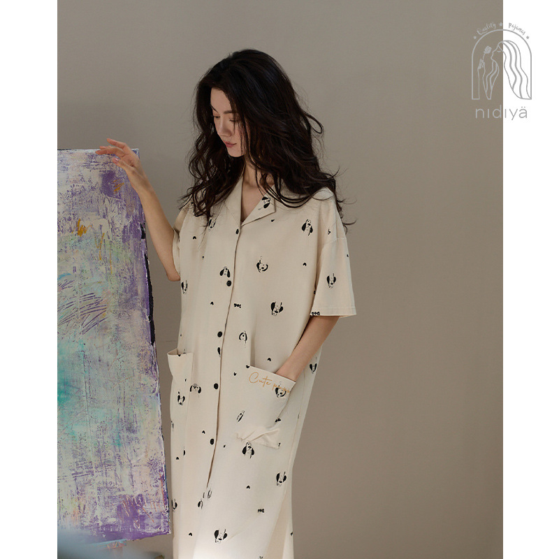 Rochie de noapte pentru femei, bumbac, mâneci 3/4, guler pliabil, lungă, respirabilă și confortabilă