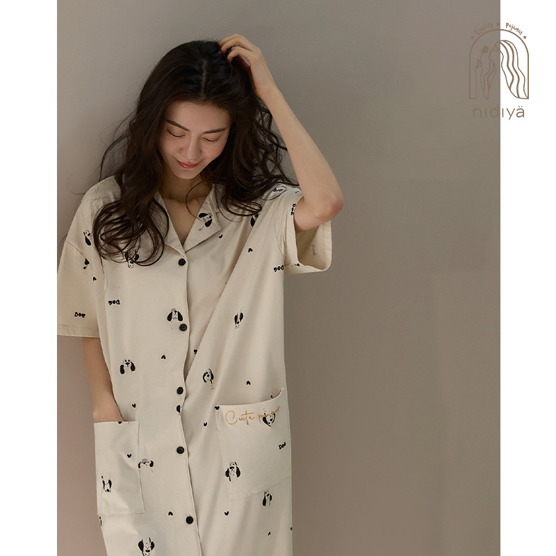 Rochie de noapte pentru femei, bumbac, mâneci 3/4, guler pliabil, lungă, respirabilă și confortabilă