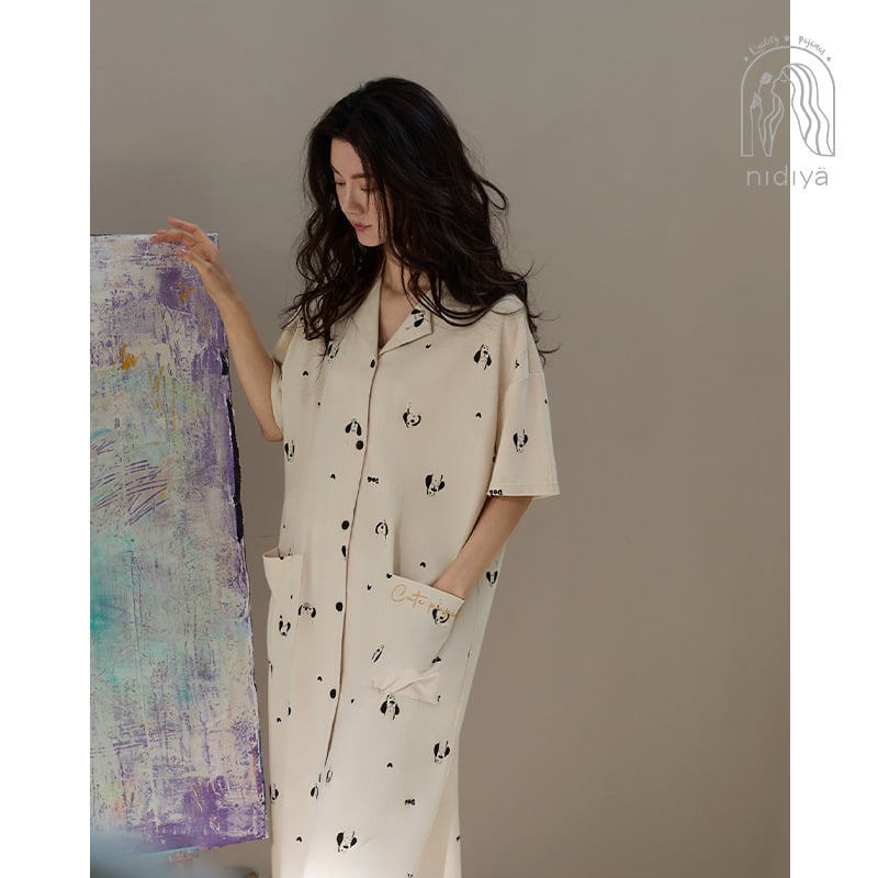 Rochie de noapte pentru femei, bumbac, mâneci 3/4, guler pliabil, lungă, respirabilă și confortabilă