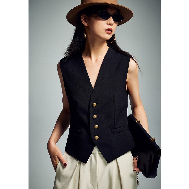 Ženski vest s V-izrezom, slobodan kroj, duljina 50–65 cm, mrežasti materijal sa spandexom