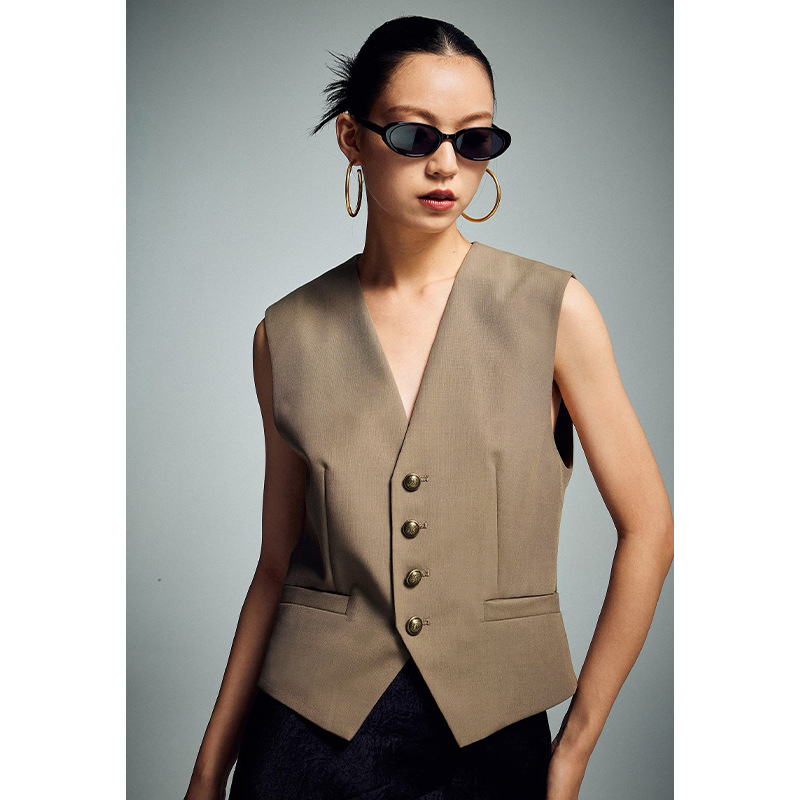 Ženski vest s V-izrezom, slobodan kroj, duljina 50–65 cm, mrežasti materijal sa spandexom