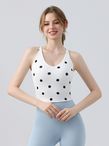Спортен сутиен с точкова шарка, фиксирани чашки, U-образно деколте, кръстосан гръб, дишащ плат найлон-спандекс, тесен модел, с подплънки за бюста