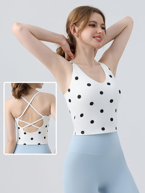 Спортен сутиен с точкова шарка, фиксирани чашки, U-образно деколте, кръстосан гръб, дишащ плат найлон-спандекс, тесен модел, с подплънки за бюста