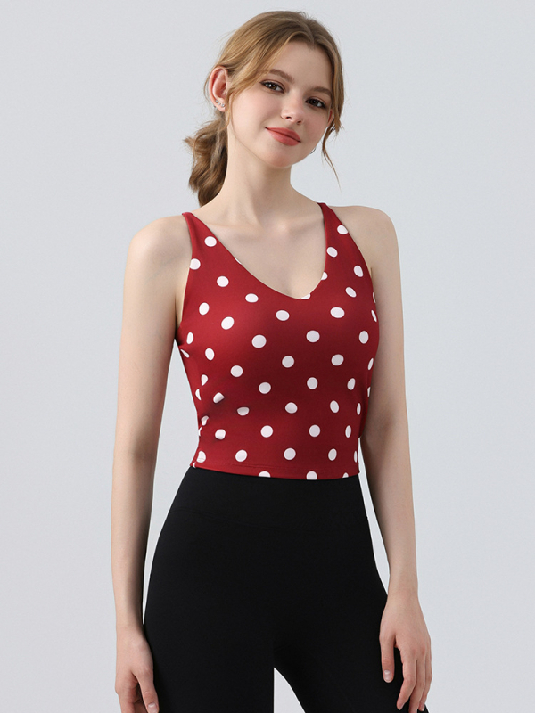 Спортен сутиен с точкова шарка, фиксирани чашки, U-образно деколте, кръстосан гръб, дишащ плат найлон-спандекс, тесен модел, с подплънки за бюста