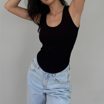 Памучна безръкавка с U-образно деколте и подплънка за гърдите, плисиран дизайн на талията, за жени