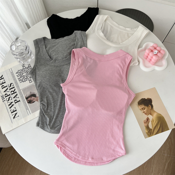 Памучна безръкавка с U-образно деколте и подплънка за гърдите, плисиран дизайн на талията, за жени