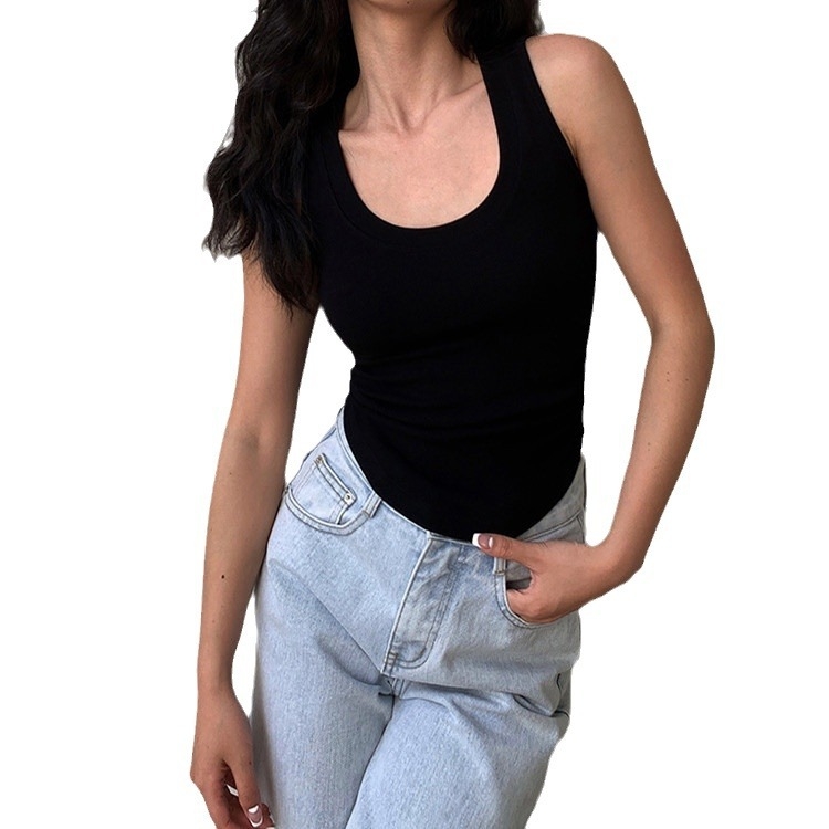 Памучна безръкавка с U-образно деколте и подплънка за гърдите, плисиран дизайн на талията, за жени