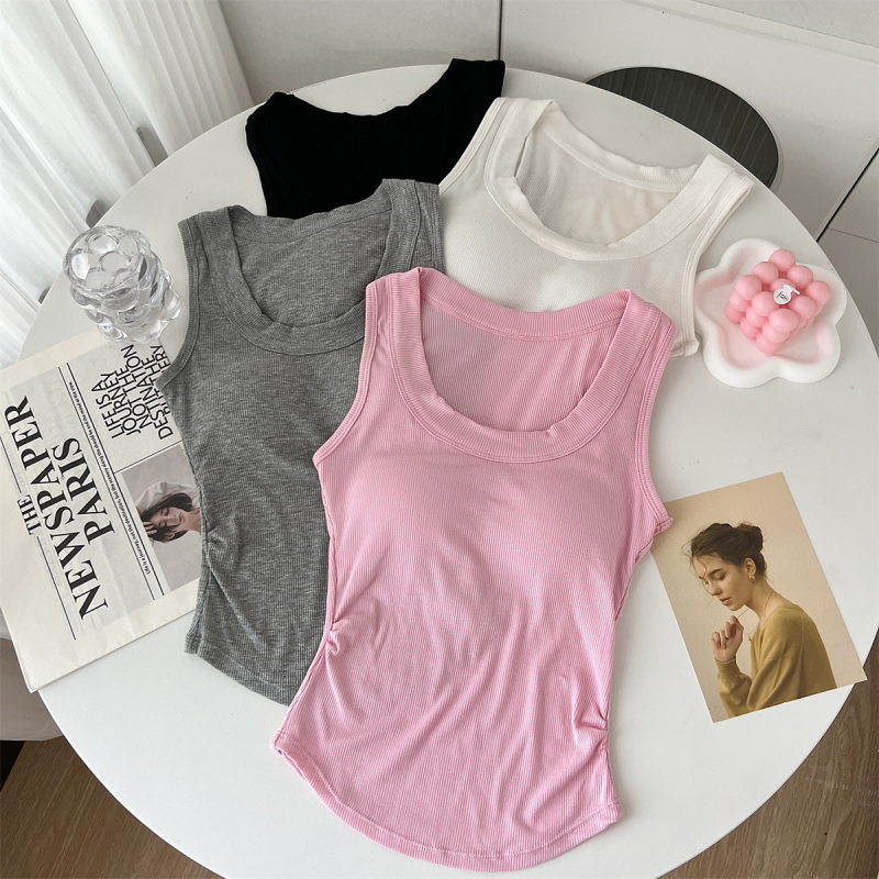 Памучна безръкавка с U-образно деколте и подплънка за гърдите, плисиран дизайн на талията, за жени