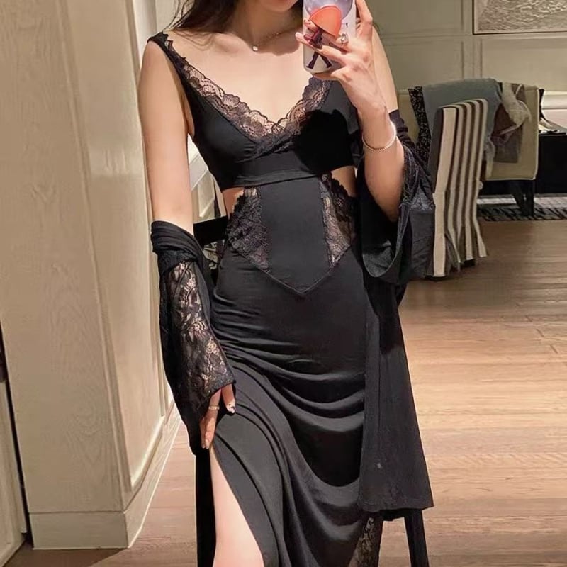 Modal anyagú két darabos hálóing szett: mély V-nyakkal, ujjatlan, ultra vékony anyag, hosszú hálóing és köntös