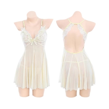 Čipkasto mrežasto noćno odijelo s dubokim V izrezom, prozračno leđa, uključuje thong; lagana mreža, 70–80% poliester, 121–140 g/m2